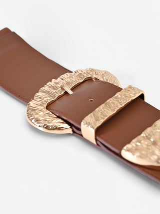 Chocolate High-Waist Belt with Hammered Buckle