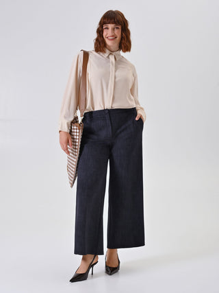 Curvy Slub Denim-Effect Milano Stitch Trousers