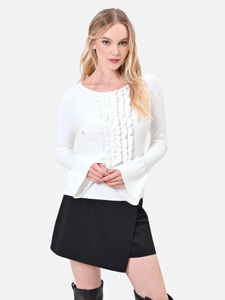 Cream White Viscose Cardigan with Ruffles