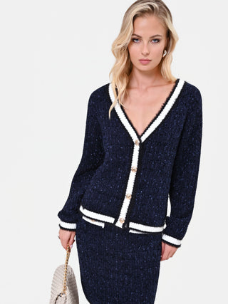 Navy Blue Knit Cardigan with Contrast Trim