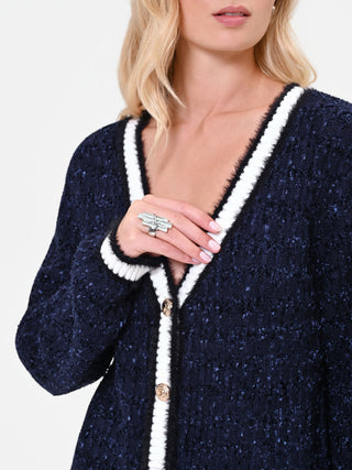 Navy Blue Knit Cardigan with Contrast Trim