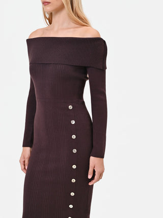 Robe midi en mélange de viscose marron foncé avec boutons décoratifs