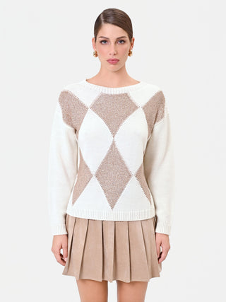 Cream-White Wool Sweater with Diamond Pattern