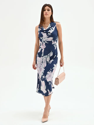 Midikleid in leuchtendem Blau mit floralem Print