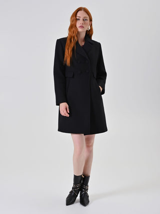 Black Double-Breasted Coat with Covered Buttons