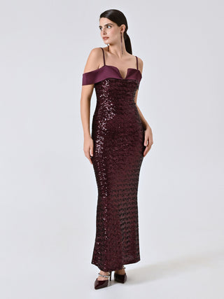 Abito Lungo Bordeaux Paillettes All Over