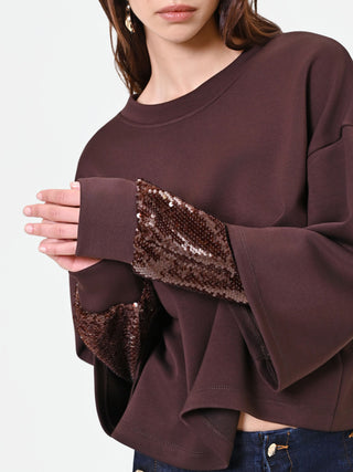 Felpa marrone con manica doppia in paillettes