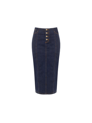 Navy Denim Pencil Skirt with Gold Buttons