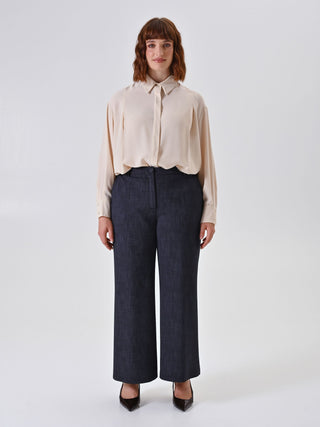 Curvy Slub Denim-Effect Milano Stitch Trousers
