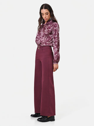 Jeans wide leg in cotone bordeaux con cintura