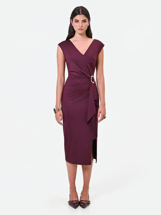 Abito midi drappeggiato bordeaux con fibbia