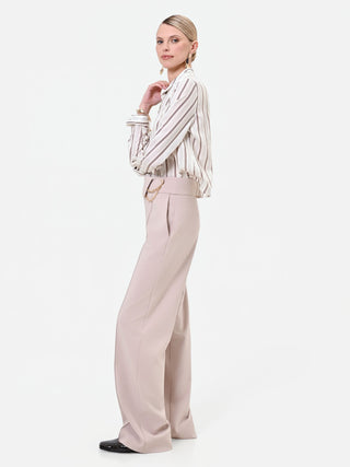 High-Waisted Taupe Beige Trousers with Chain Detail
