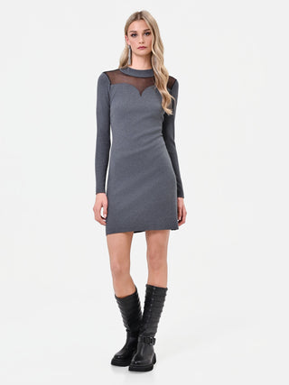 Dark Grey Viscose Short Dress with Sheer Details
