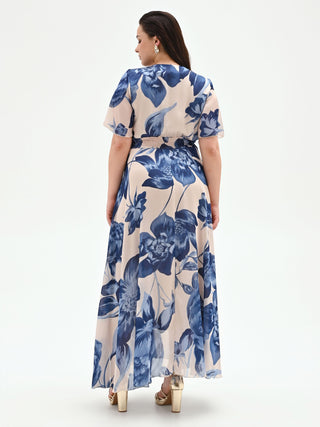 Abito lungo Curvy blu brillante con stampa floreale