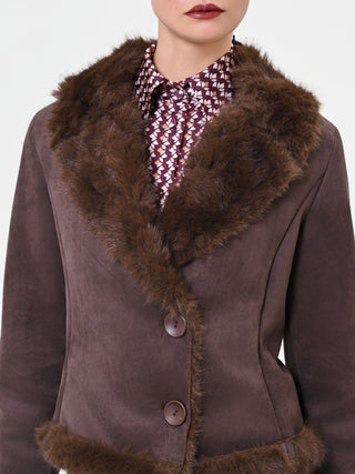 Dark Brown Short Jacket with Faux Fur Details