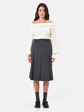 Dark Grey Viscose-Blend Midi Skirt with Box Pleats