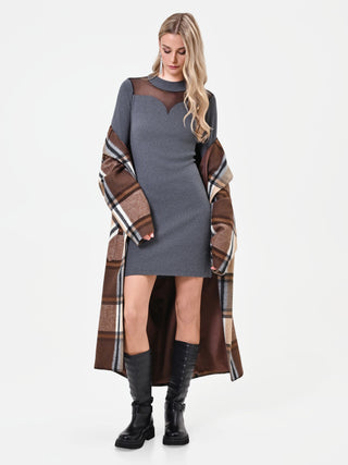 Dark Grey Viscose Short Dress with Sheer Details