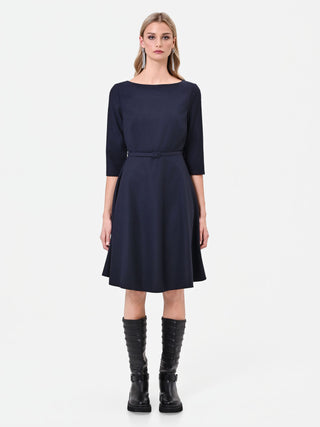 Navy Blue Belted Midi Dress with Flared Skirt