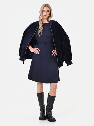 Navy Blue Belted Midi Dress with Flared Skirt