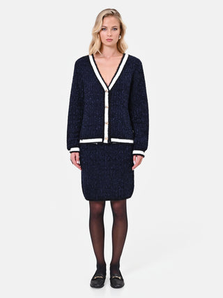Navy Blue Knit Cardigan with Contrast Trim