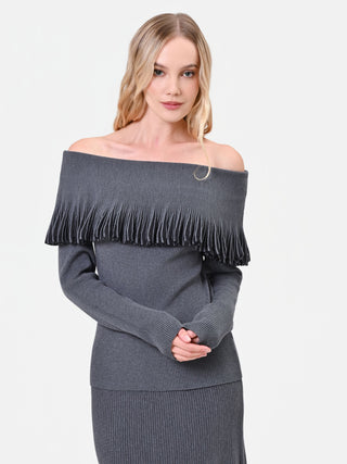 Pull en viscose gris foncé à volants