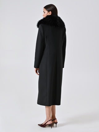 Maxi Cappotto Nero misto Viscosa con Collo effetto Pelliccia