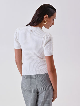 White Cable-Knit Sweater with Pearls and Gems