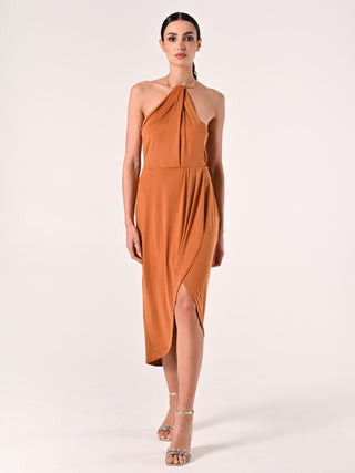 Brown One-shoulder Dress with Jewelled Neckline