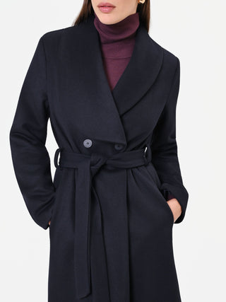 Cappotto lungo blu con collo a scialle