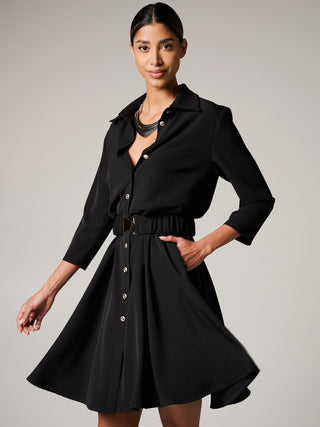 Black Shirt Dress in Cady with Ruched Belt