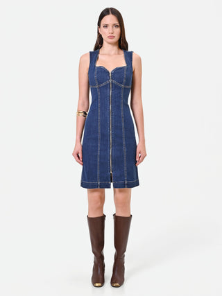 Exposed-Zip Blue Denim Mini Dress