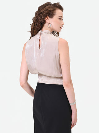 Taupe Beige Satin Side-Tie Top