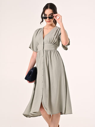 Green Crinkled Shirt Dress