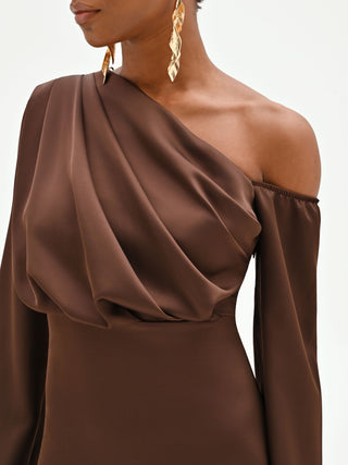 One-Shoulder-Maxikleid in Schokobraun