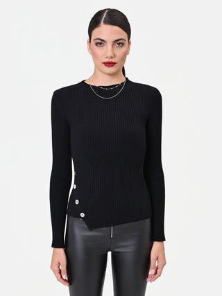 Black Asymmetrical Viscose Top with Buttons