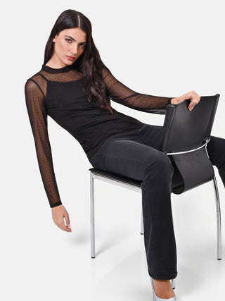 T-shirt nera doppiata in tulle con strass