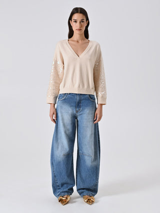 Maglia Beige con Maniche Paillettes