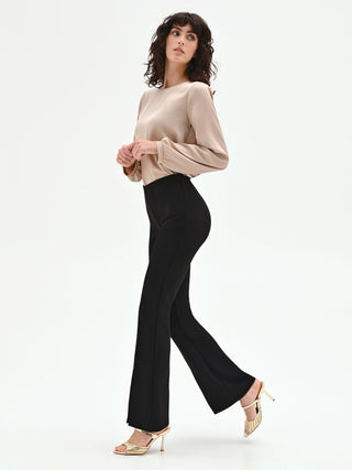 Black flared trousers with front split