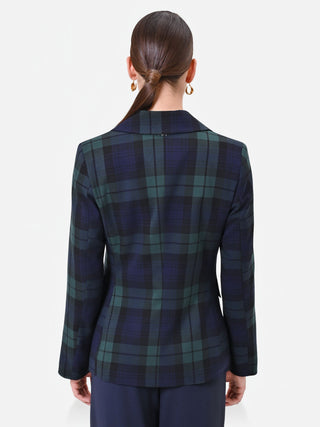 Chaqueta de botonadura sencilla en mezcla de viscosa azul con motivo tartán