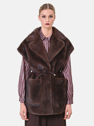 Gilet smanicato cioccolato effetto pelliccia