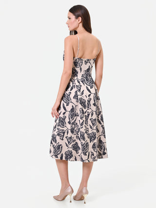 Abito midi in jacquard con stampa floreale blu navy