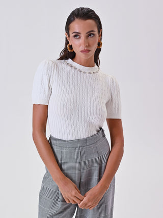 White Cable-Knit Sweater with Pearls and Gems