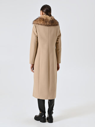 Maxi Cappotto Cammello con Collo in Pelliccia