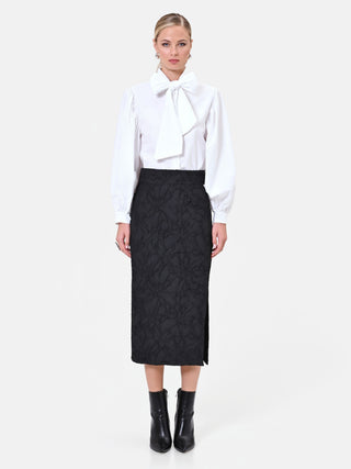 Gonna midi nera con spacco in tessuto jacquard