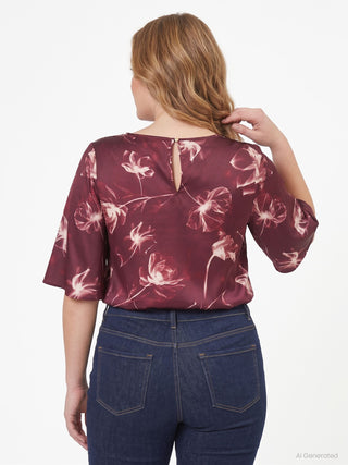 Blusa curvy bordeaux con stampa floreale e maniche a campana