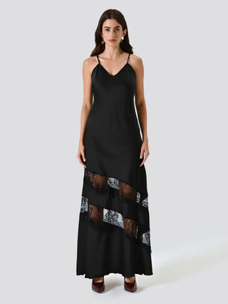 Black Satin Dress with Lace Inserts