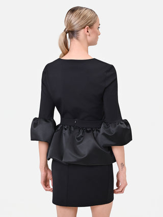 Blusa in misto viscosa nera con volant in raso