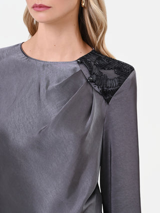 Charcoal grey asymmetrical midi dress with appliqué