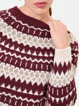 Maglia bordeaux jacquard con motivi geometrici