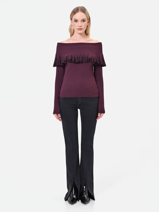Pull en viscose bordeaux à franges